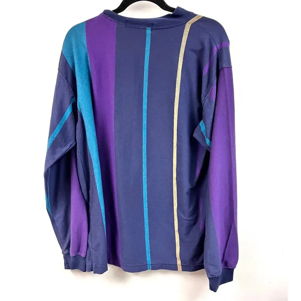 Men's Knights of Round Table Mock Neck Long Sleeve Striped Tee 90's LG